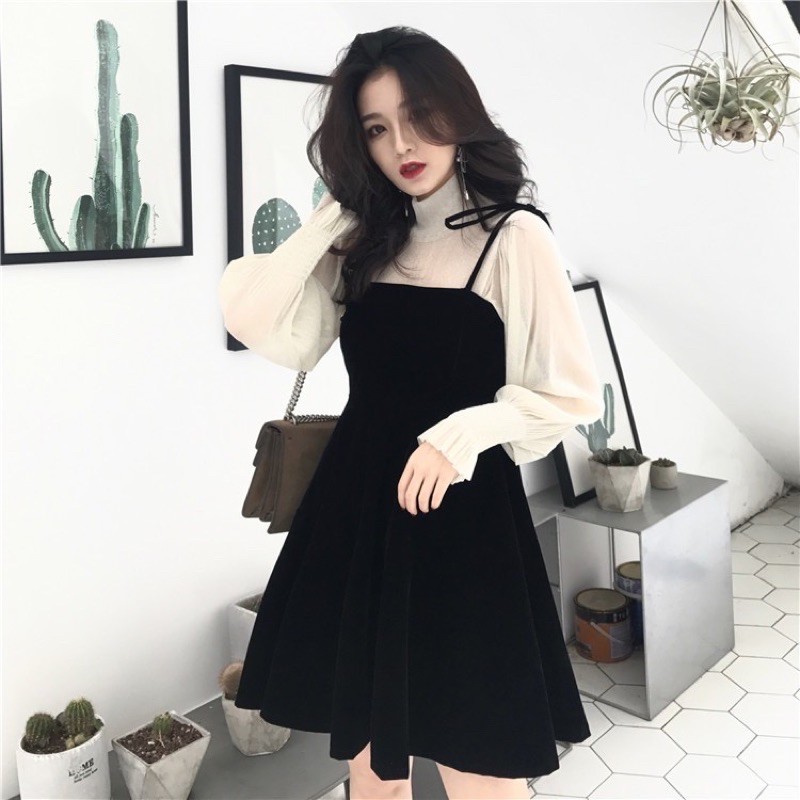 SẴN🖤Set đầm xoè nhung|Đầm ulzzang tiểu thư áo nhũ mỏng lấp lánh bèo váy 2 dây yếm xinh quyến rũ dạo phố