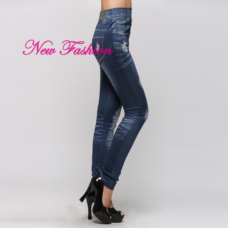 Quần legging giả jean rách lưng cao