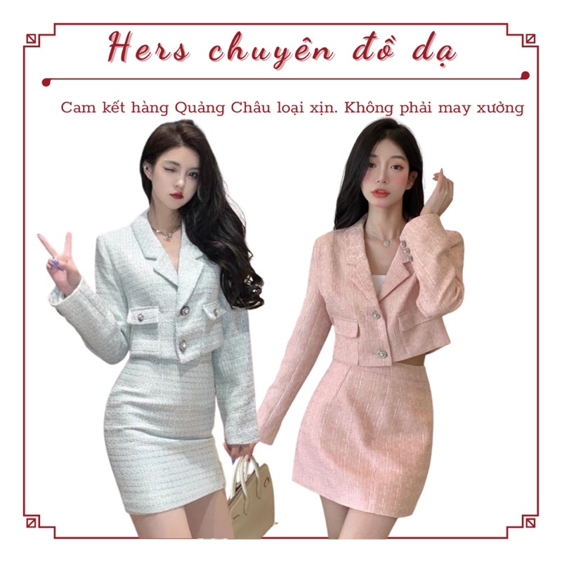 Set dạ tweed áo giả vest croptop phối chân váy chữ A siêu sang, có video