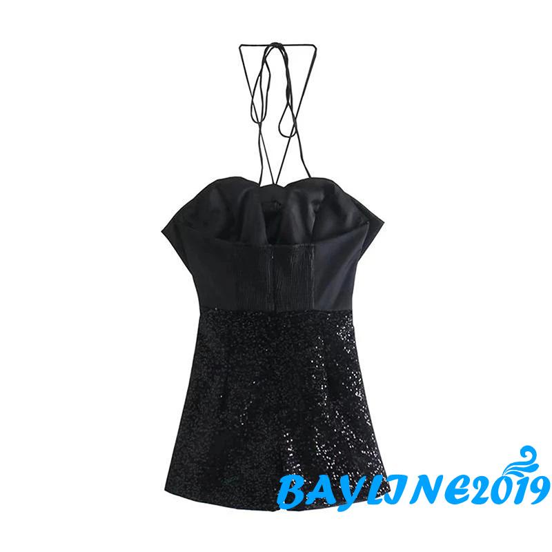 Áo Liền Quần Ngắn Không Tay Cổ Yếm Đính Nơ Lấp Lánh Dành Cho Nữ