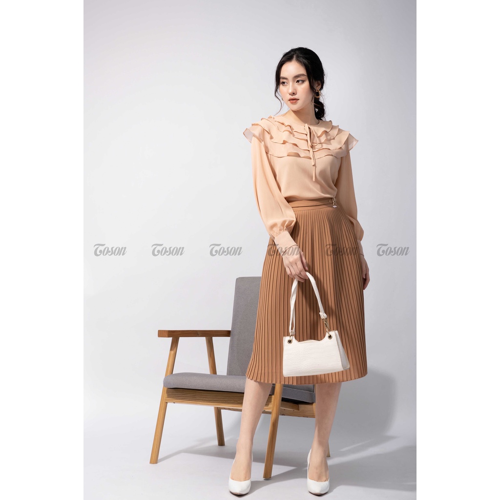 Áo sơ mi tơ gân be da, cổ xếp bèo đổ nhiều tầng -TOSON - 11504E81