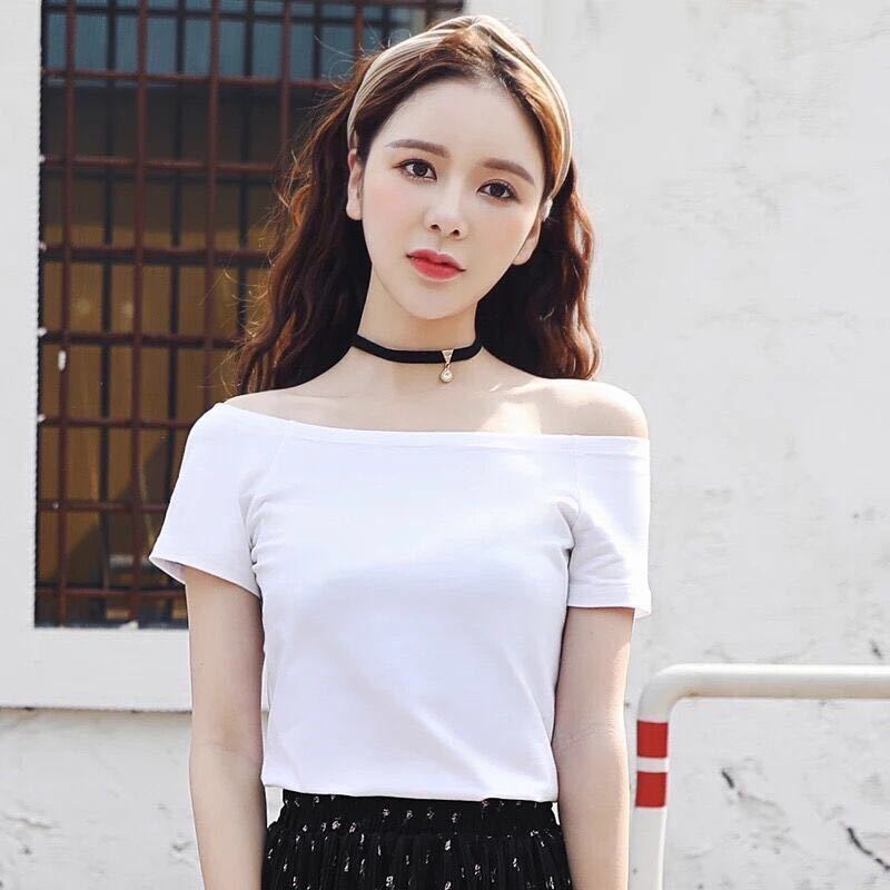 Áo Thun Cotton Trễ Vai Ngắn Tay Màu Trơn Phong Cách Hàn Quốc N250 [95