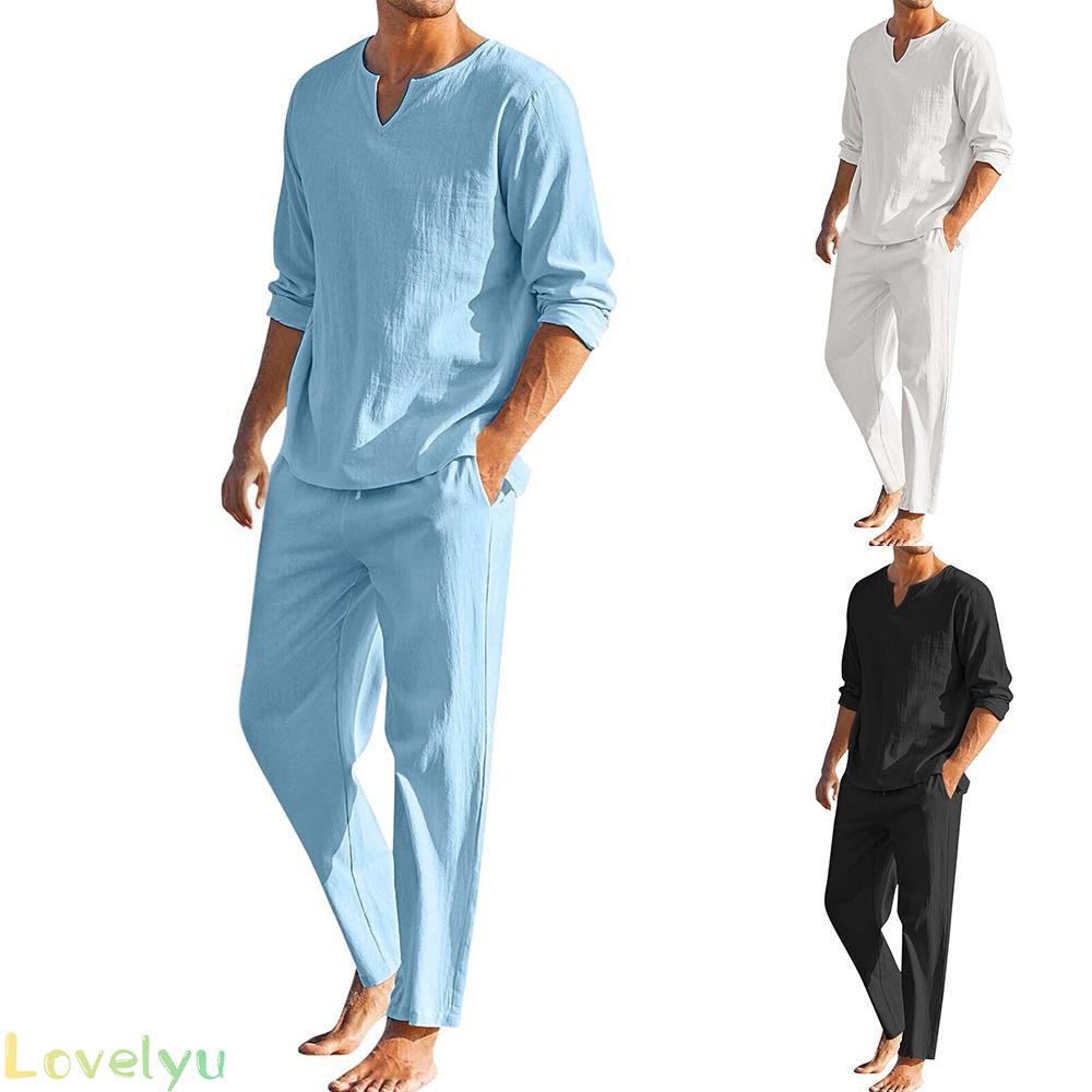 &lt;READY STOCK&gt;Men Shirt Pants 2-Pieces Set Cotton Linen Long Sleeve Solid Color V Neck100% brand new！