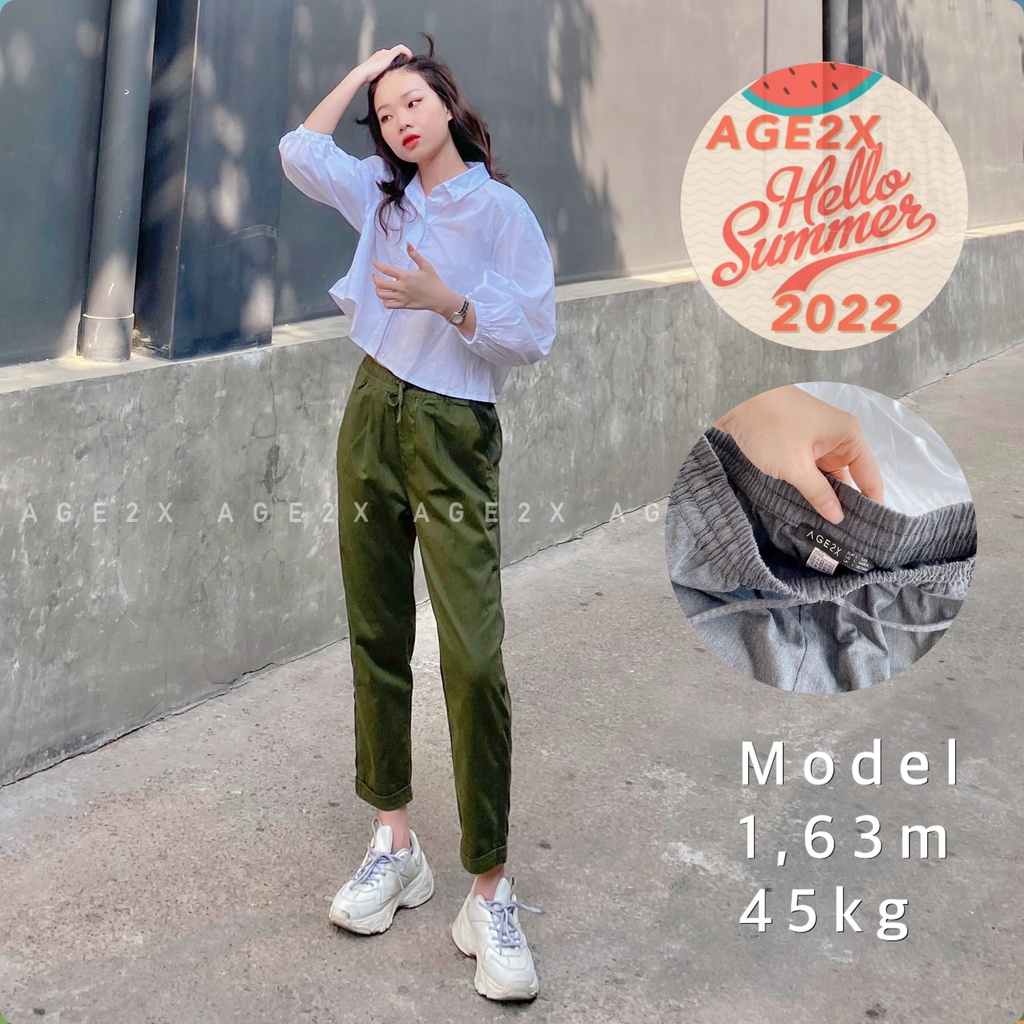Quần Baggy kaki nữ AGE2X Chất liệu an toàn và lành tính, mềm mát, có phối sọc gân co giãn tốt, phù hợp bạn gái &lt; 1,65m