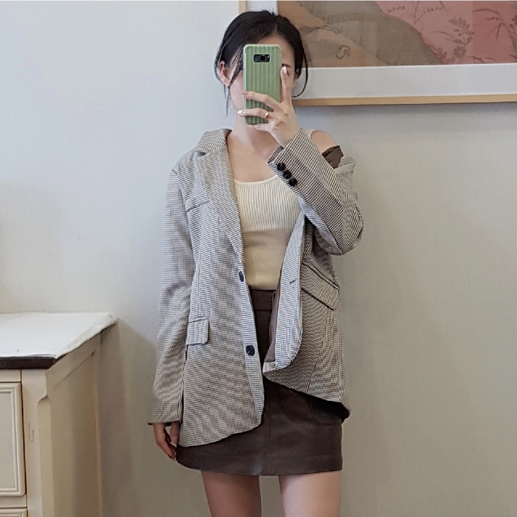 [BLAZER 06] Blazer dài tay hai lớp kẻ nâu phong cách Hàn Quốc, Áo vest nữ
