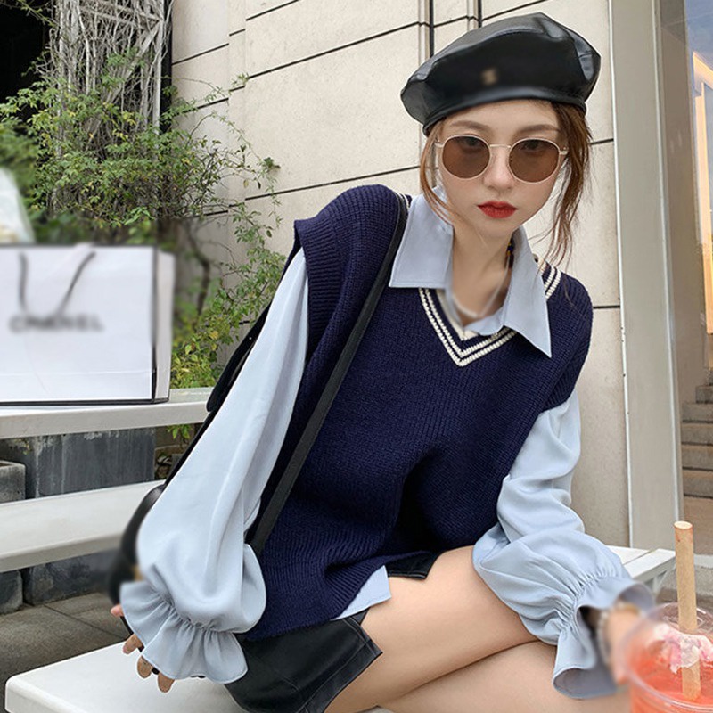 Áo Dệt Kim Không Tay Dáng Rộng Cổ Chữ V Màu Sắc Tương Phản Phong Cách Retro