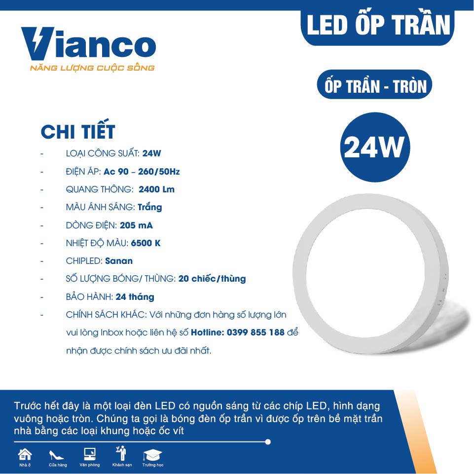 Đèn Led Ốp Trần VIANCO Thiết Kế Hai Kiểu Dáng Vuông Và Tròn Thanh Lịch, Tiết Kiệm Điện Năng