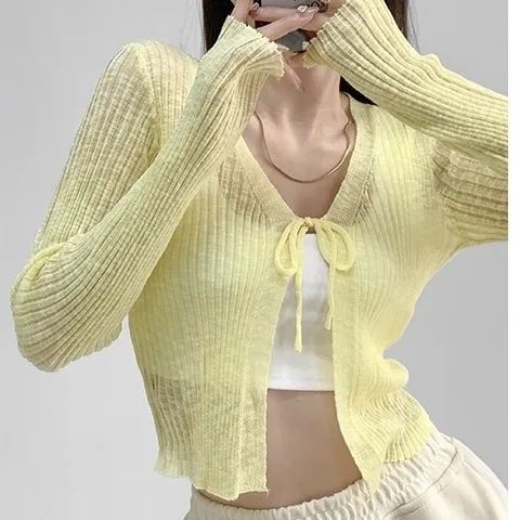 Áo Cardigan Dệt Kim Mỏng Tay Dài Cổ Chữ V Cột Dây Phong Cách Âu Mỹ Thời Trang Cho Nữ