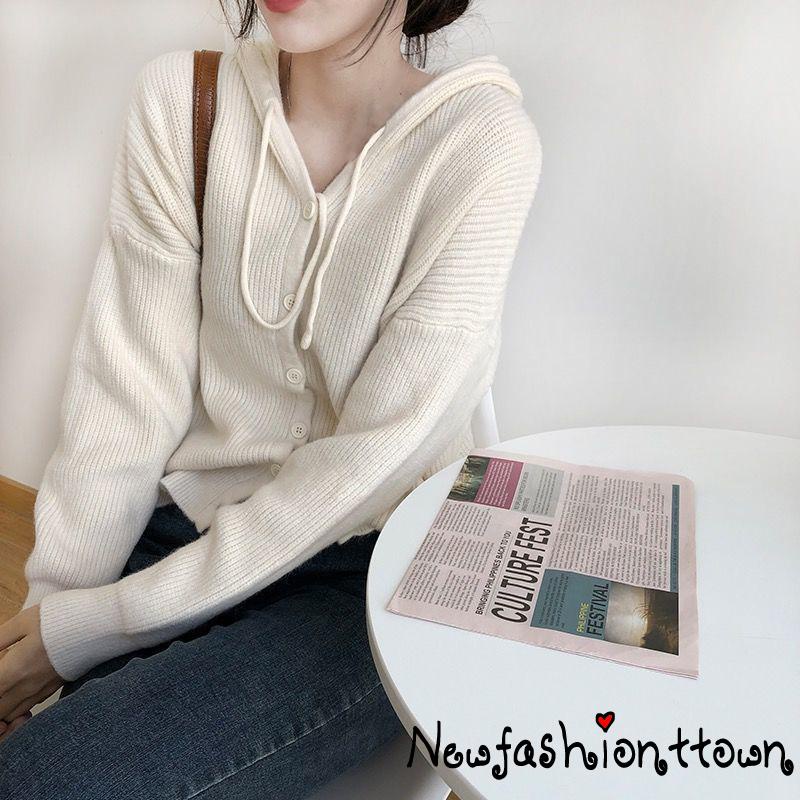 Áo cardigan dệt kim tay dài màu trơn có mũ trùm phối dây rút thời trang dự tiệc cho nữ | BigBuy360 - bigbuy360.vn