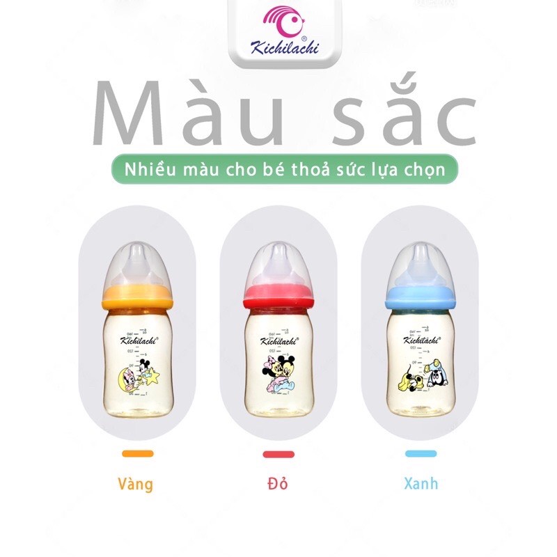 Bình sữa cổ rộng Kichilachi PPSU Plus hình Mickey 160ml/240ml núm ty siêu mềm