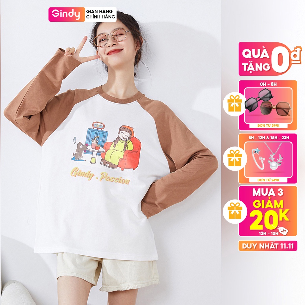 Áo thun phông dài tay nữ GINDY form rộng thu đông in hình cổ tròn vải cotton 100% co dãn 4 chiều A10104