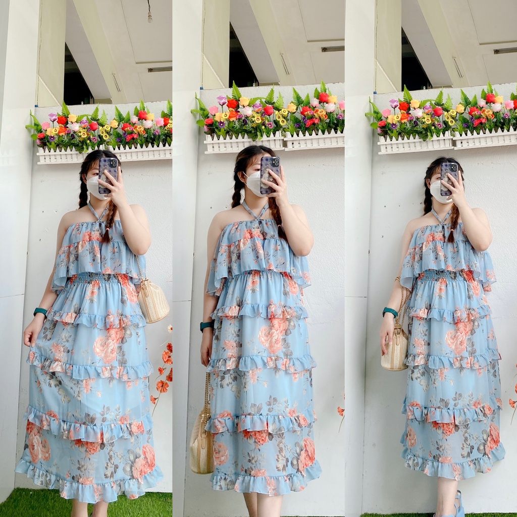 Đầm voan maxi trễ vai Bigsize 50-70kg. Hình thật Bụ Bẫm shop
