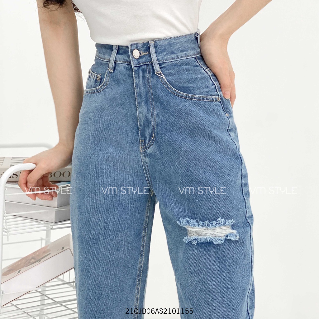 Quần jean baggy nữ lưng cao (không co giãn) ulzzang xước đùi lai thường thời trang đi học VM STYLE 21QJB06AS2101