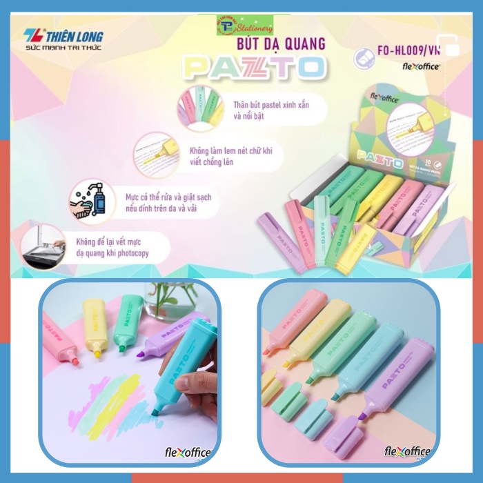 Bút dạ quang màu Pastel Thiên Long Flexoffice Pazto FO-HL009/VN - Bút dạ quang rửa được - Không để lại vết khi Photocopy