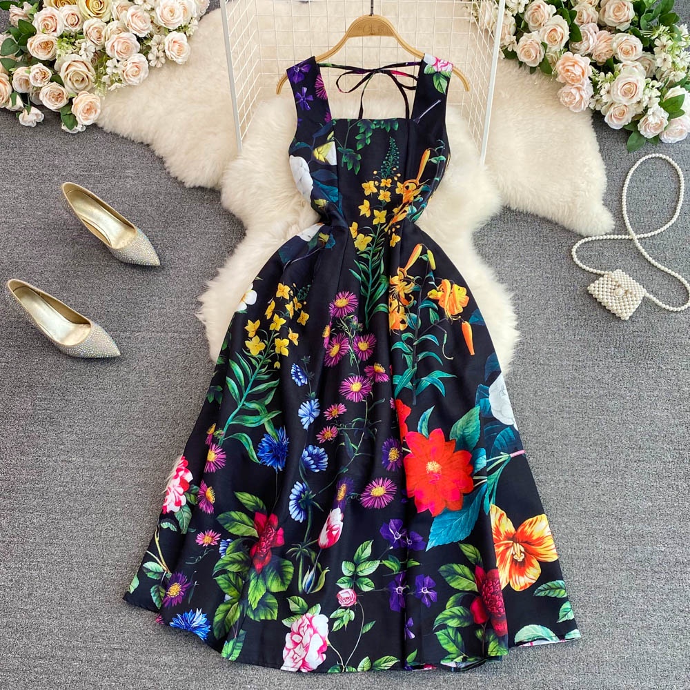 Đầm hai dây bản to chất voan họa tiết hoa có size màu đen