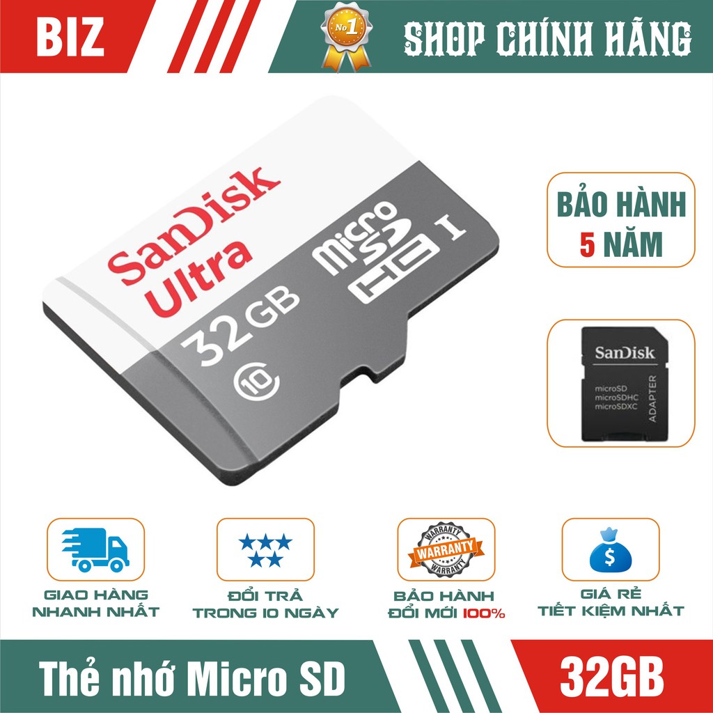 Thẻ Nhớ 32GB Sandisk MicroSD Ultra Upto 100MbS 667x - Bảo hành 5 năm | BigBuy360 - bigbuy360.vn