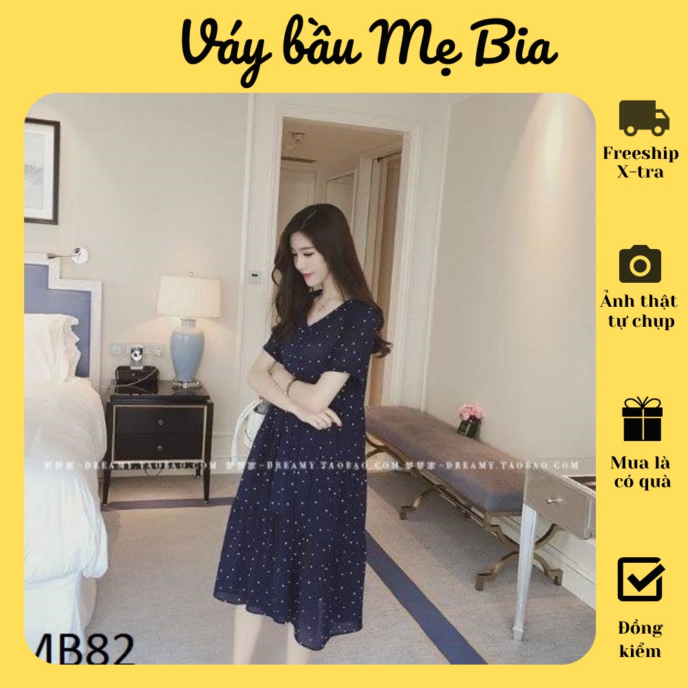 Váy bầu thiết kế - Đầm Bầu xanh than chấm bi ba tầng - ảnh thật