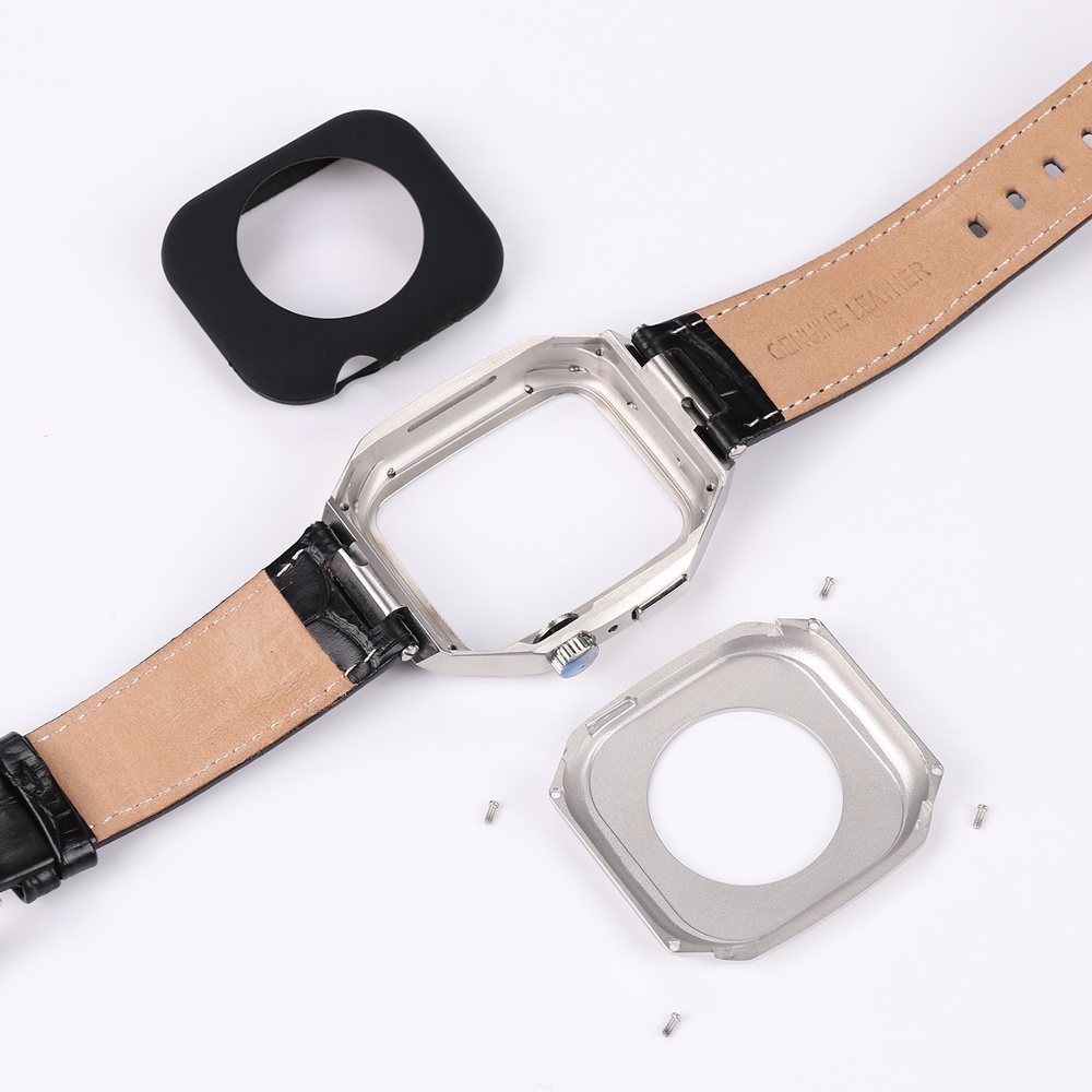 Jansin Modification Kit Leather Dây Đeo + Vỏ Bảo Vệ Inox Cho Apple Watch 8 45mm 44mm iwatch series 7 6 SE smart watch