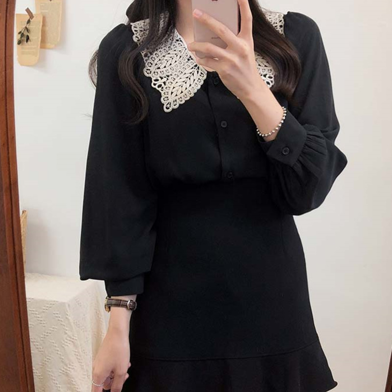 Áo Sơ Mi Nữ Tay Dài Cổ Phối Ren Phong Cách Retro