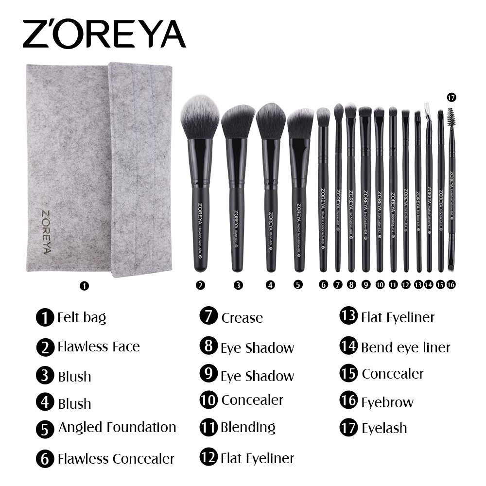 ZOREYA Set 15 Cọ Trang Điểm Chuyên Nghiệp