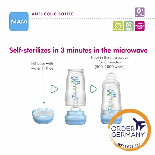 Bình sữa chống đầy hơi Mam Đức 160ml &amp; 260ml &amp; 320ml