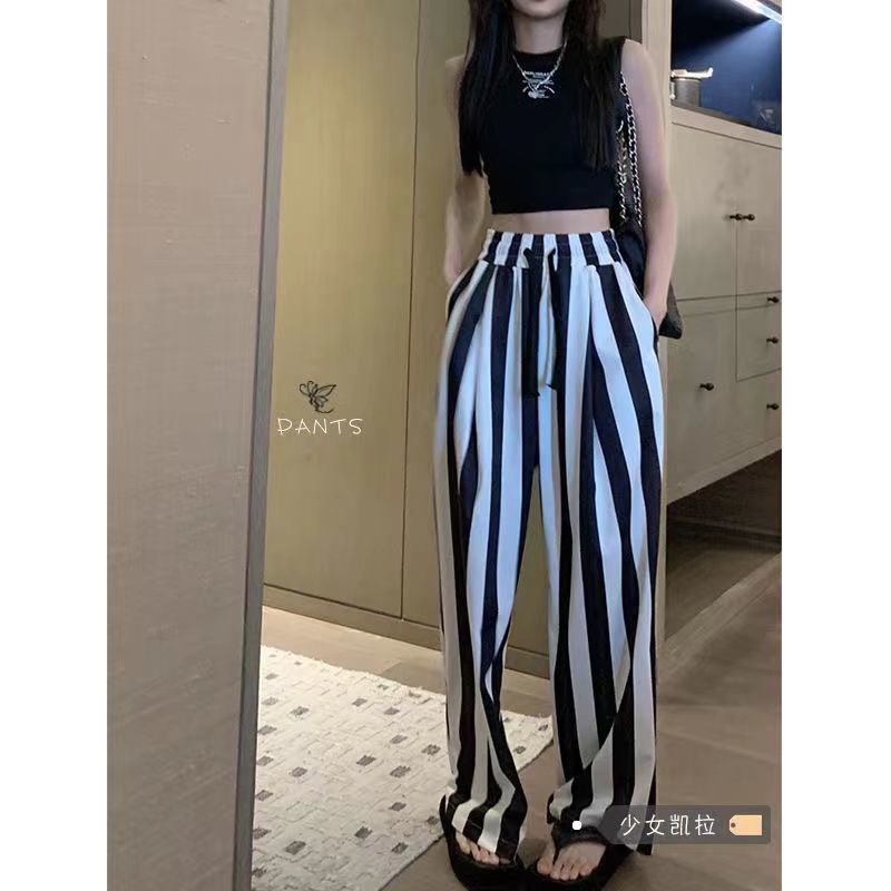Jiashucheng Quần Dài Ống Rộng Họa Tiết Kẻ Sọc Trắng Đen Thời Trang Mùa Hè Cho Nữ