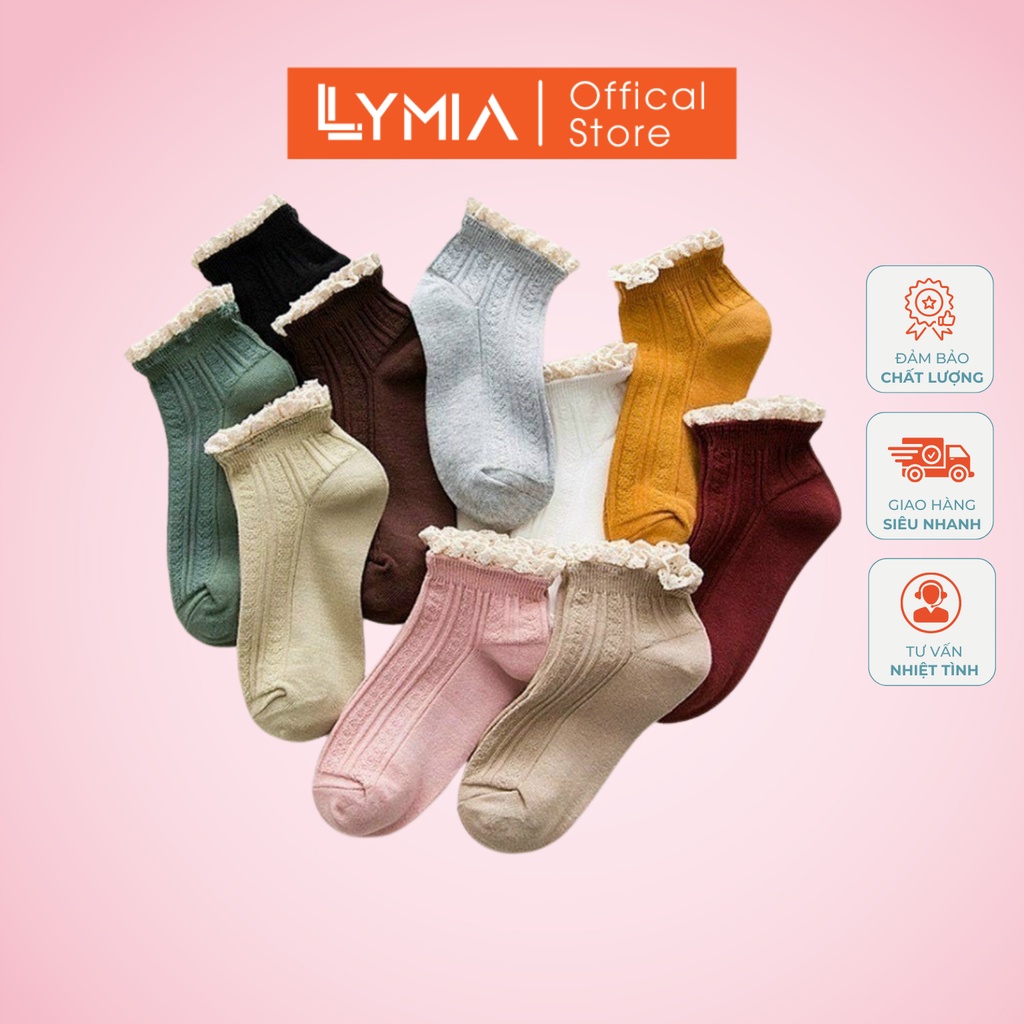 Tất vớ nữ cổ ngắn phối bèo nhún len gân LYMIA phong cách VIntage Hàn Quốc