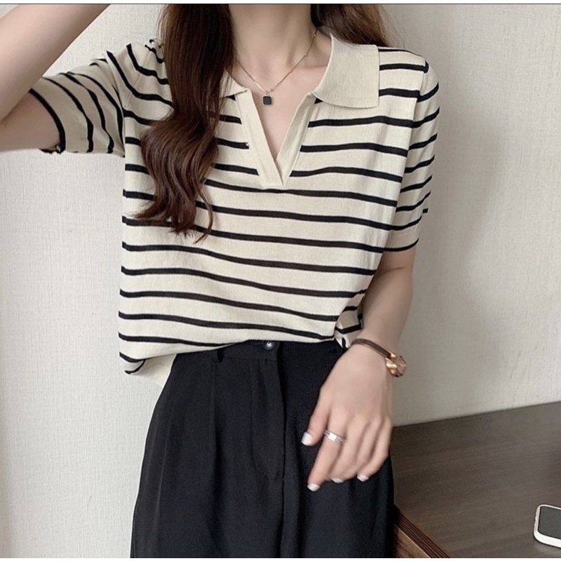 [Free Ship][Ảnh Thật] Áo len Nữ mongtoghi kẻ 2 màu đen/be | BigBuy360 - bigbuy360.vn