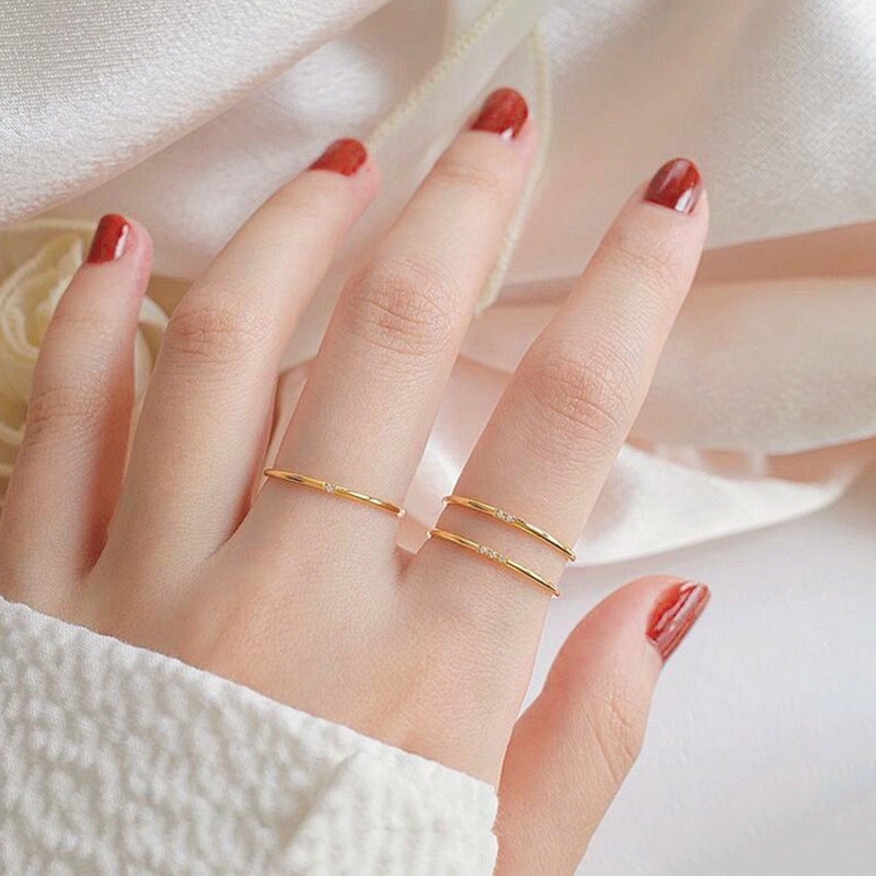 Nhẫn Titan Mạ Vàng 18k Đính Đá Kim Cương Đơn Giản Thời Trang Phong Cách Hàn Quốc Cho Nữ