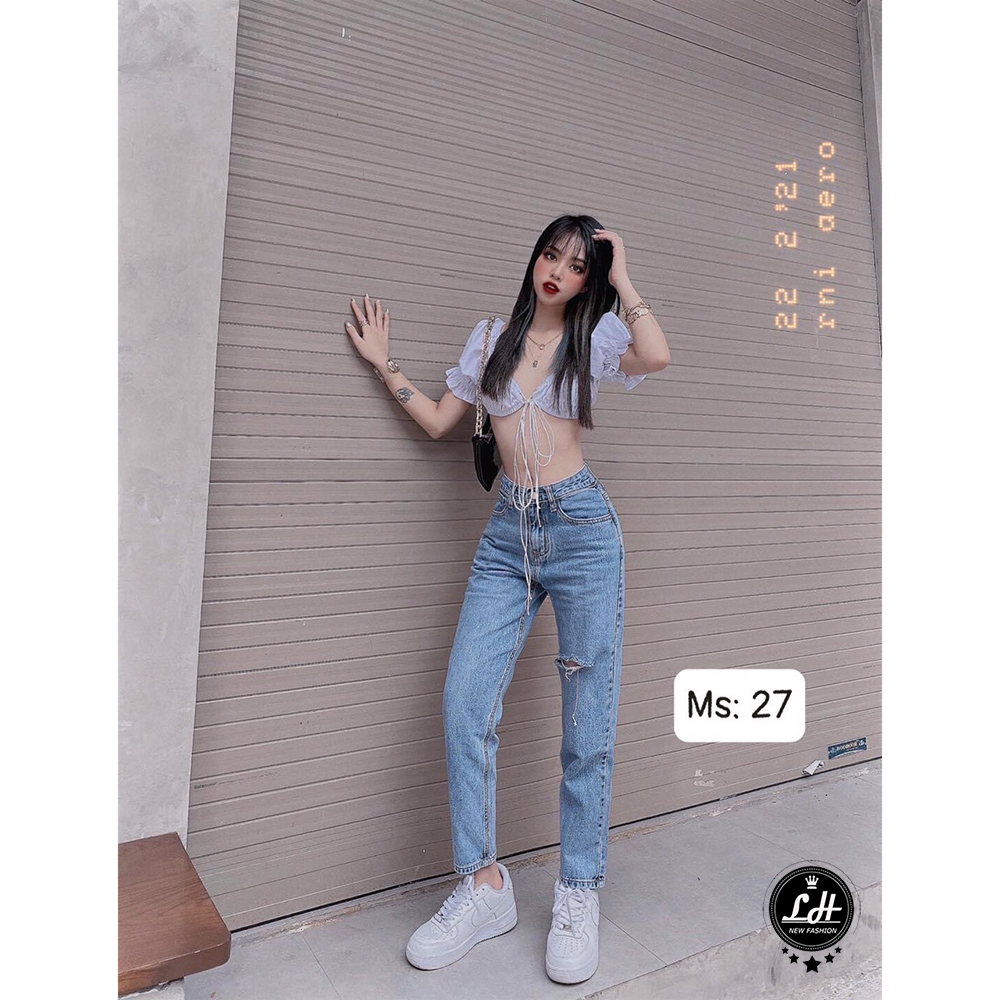 Quần baggy jean nữ rách gối 1 line Lê Huy Fashion kiểu 1 nút hàng đẹp MS 63