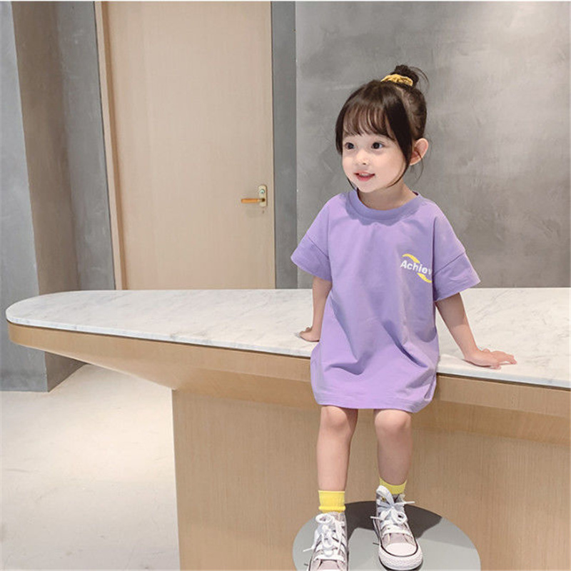 Đầm Thun Cotton Tay Ngắn In Chữ Dễ Thương Cho Bé Gái Từ 1 - 10 Tuổi