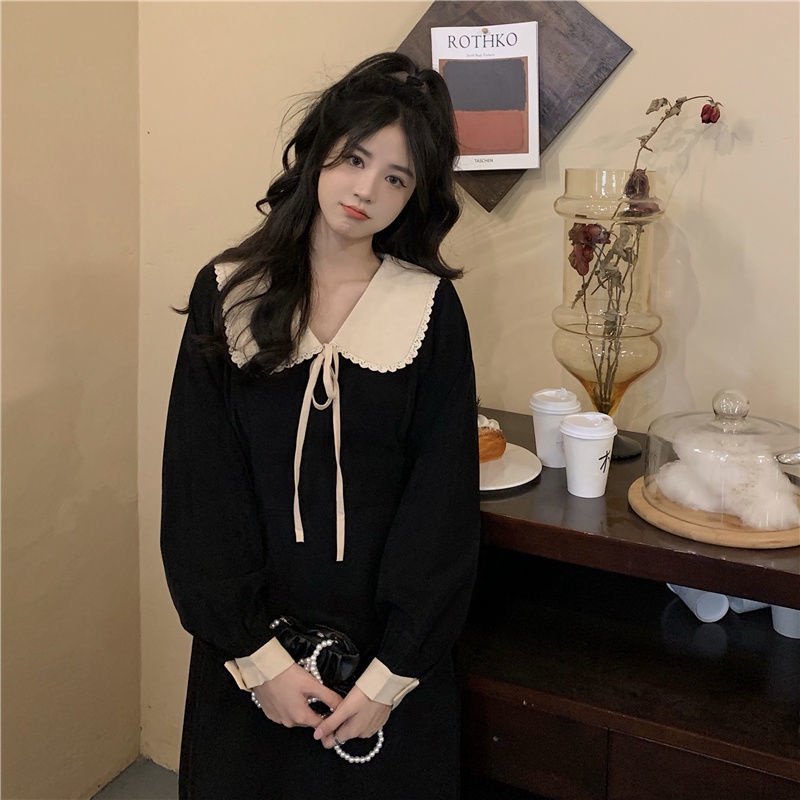 Đầm Midi Tay Dài Cổ Peter Pan Cột Dây Phong Cách Hàn Quốc Ngọt Ngào Thời Trang Cho Nữ