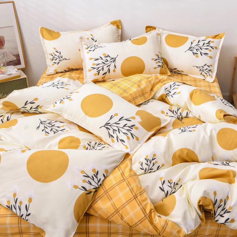 Bộ chăn ga gối Cotton poly M2T Bedding Hoa tròn vàng, vỏ chăn mền, drap nệm và 2 vỏ gối