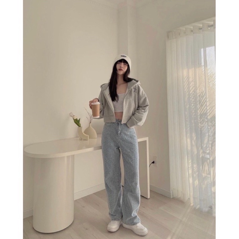 Áo nữ 🌸 Áo khoác croptop kéo khoá zip hoodie mũ dày 2 lớp chât nỉ ngoại màu xám in hình YOUSY phong cách Hàn Quốc Mylady