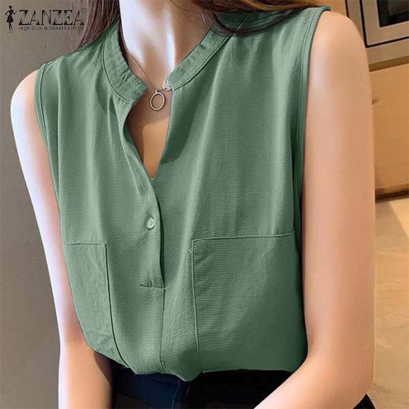 Áo kiểu Zanzea không tay cổ chữ V phong cách thời trang Hàn Quốc cho nữ