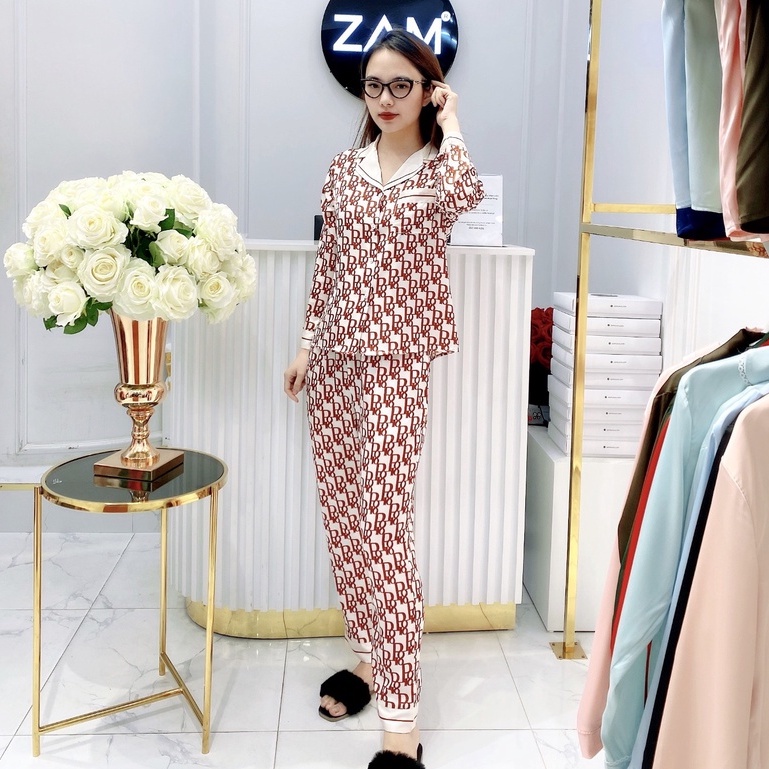 Bộ mặc nhà Pyjamas satin ZAM Luxury - DTA38 - Áo dài tay quần dài hoạ tiết