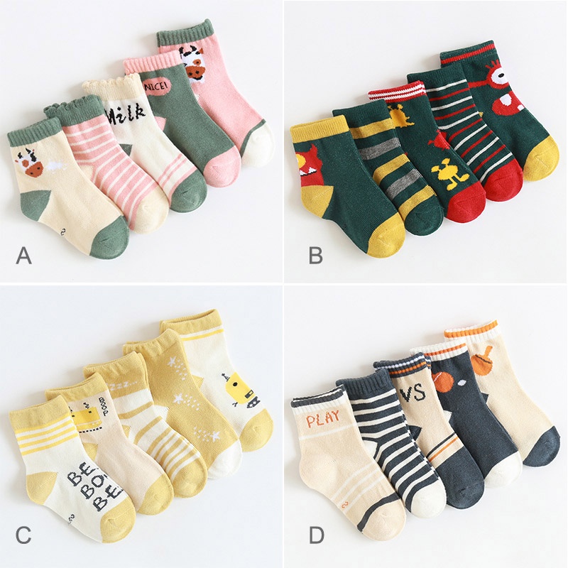 Set 5 Đôi Vớ Cotton Kẻ Sọc Họa Tiết Hoạt Hình Cho Bé