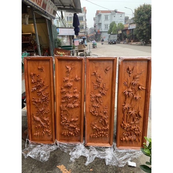 M6:tranh tứ quý 1m17x39 gỗ hương đá đục kênh bong