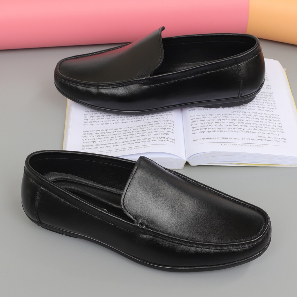 Giày lười nam da bò màu đen, giày mọi nam đế cao su - NeO3988de
