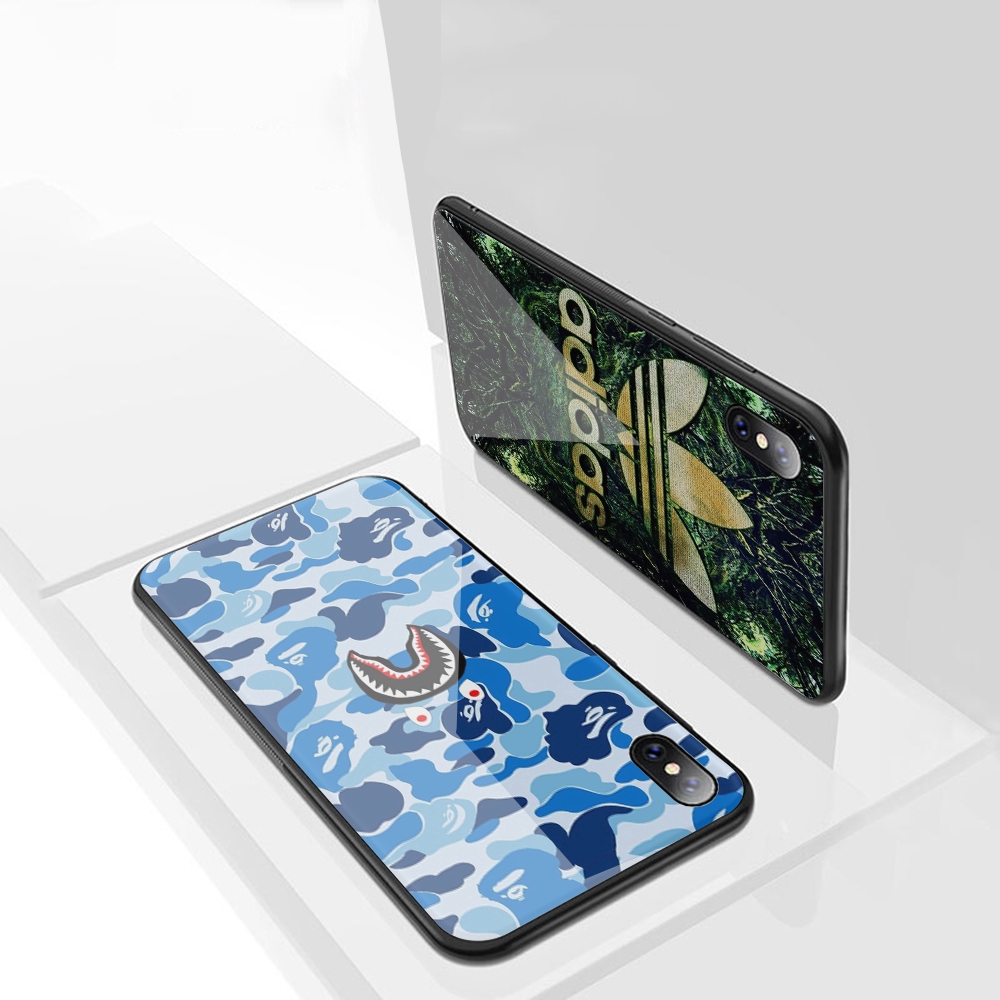 Ốp điện thoại mặt kính họa tiết Bape x Adidas cho iPhone XS Max XR X 11 Pro 7 8 6 6S Plus