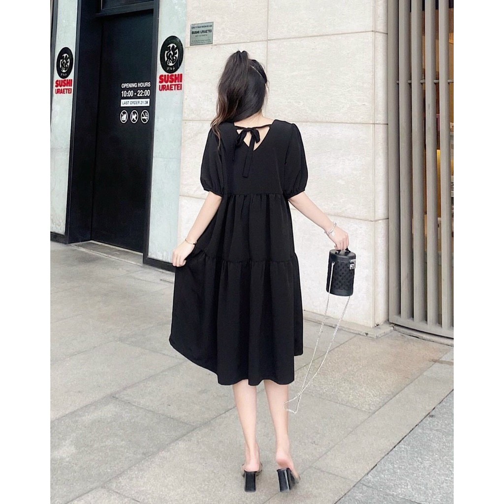 Đầm babydoll dáng dài midi váy xòe tay ngắn 2 màu trắng đen cổ điển