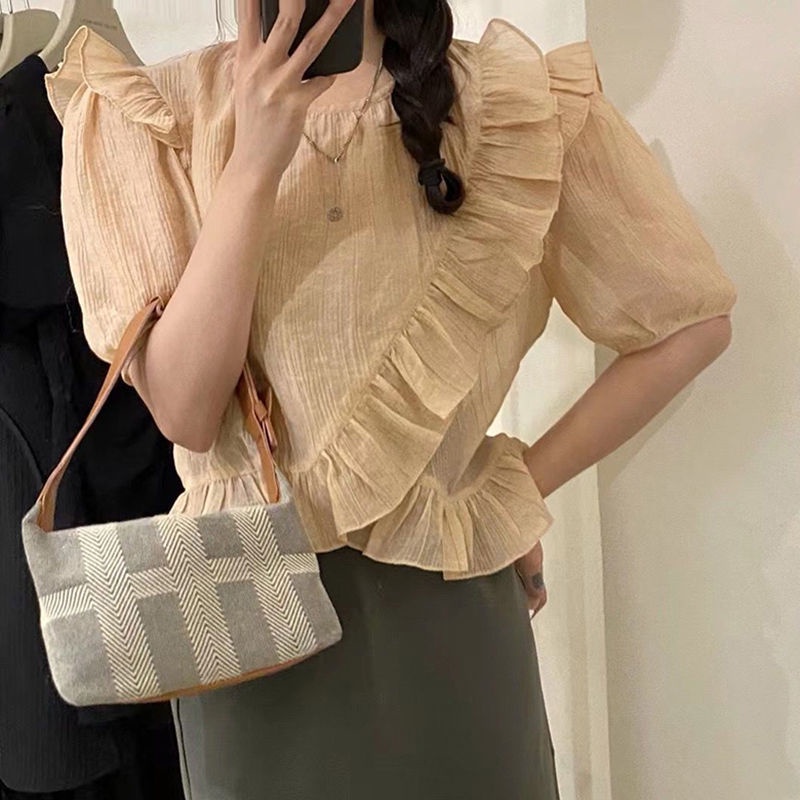 Áo Kiểu Tay Ngắn Phối Bèo Thời Trang Dành Cho Nữ