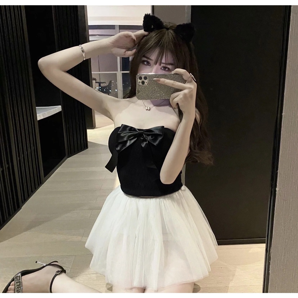 Áo crop top dệt kim nơ 2 dây trong mùa hè cho nữ