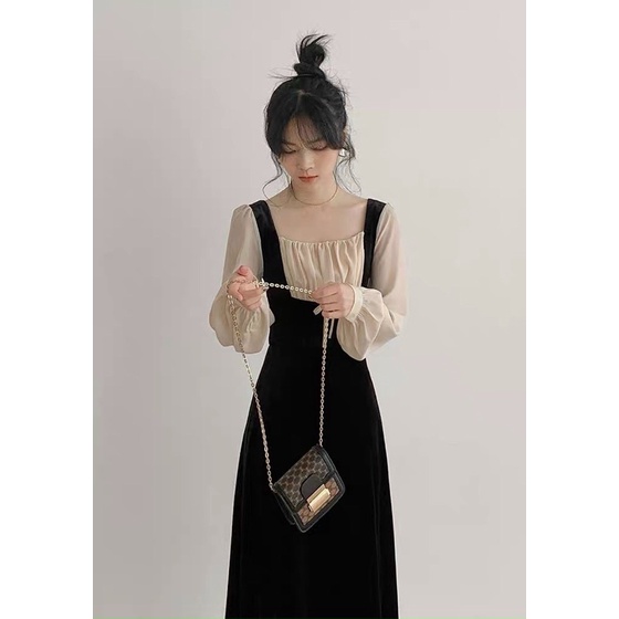 sẵn Đầm midi tay nude xếp ly thân phối nơ cổ