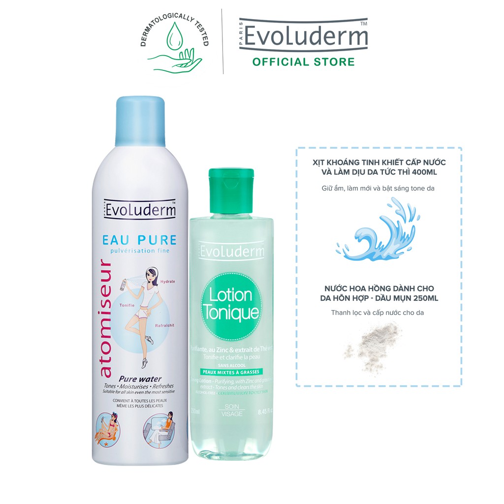 Bộ Xịt Khoáng Evoluderm dưỡng ẩm cấp nước 400ml và Nước Hoa Hồng cho da hỗn hợp dầu mụn 250ml | BigBuy360 - bigbuy360.vn
