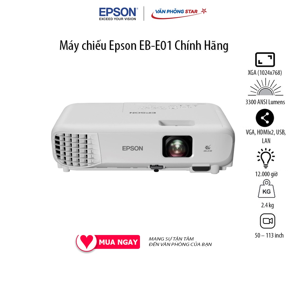 Máy chiếu Epson EB-E01 Độ phân giải XGA (1024×768) Cường độ sáng 3300 Lumens, Tuổi thọ bóng 12.000 giờ Vanphongstar