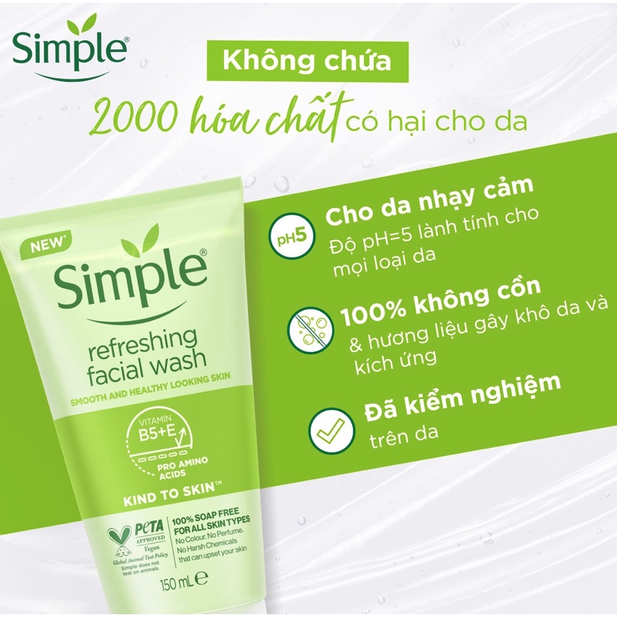 Sữa Rửa Mặt Simple Dịu Nhẹ Cho Da Nhạy Cảm Kind To Skin Refreshing Facial Wash 150ml
