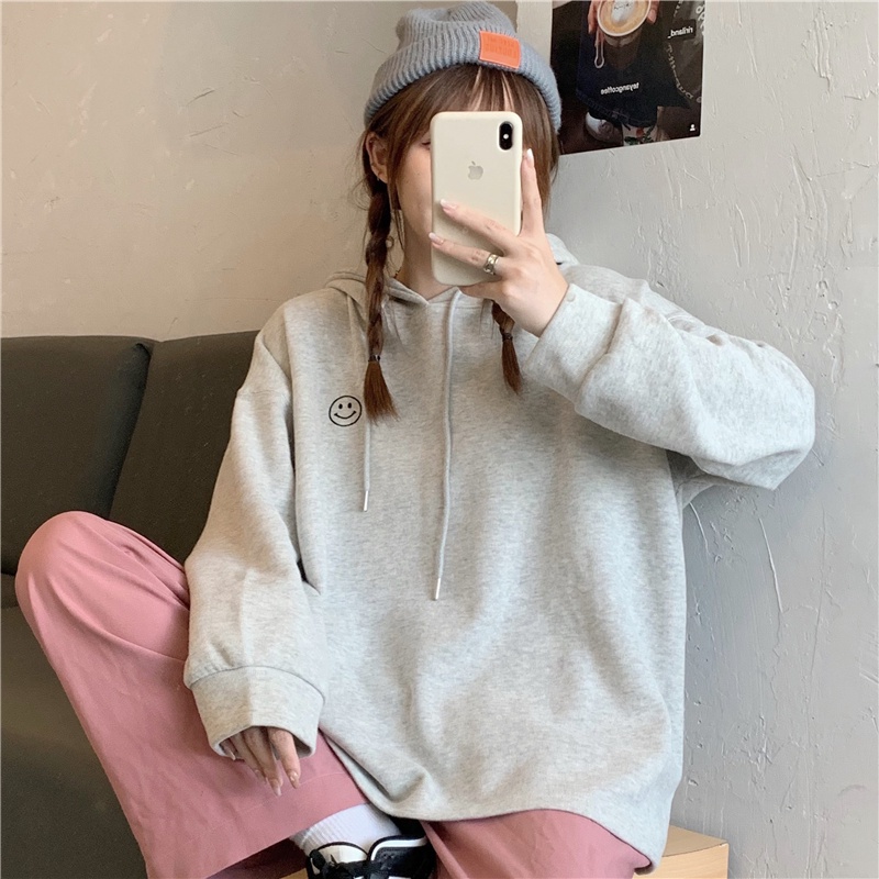 Áo hoodie tay dài dáng rộng thêu họa tiết đơn giản kiểu Hàn Quốc