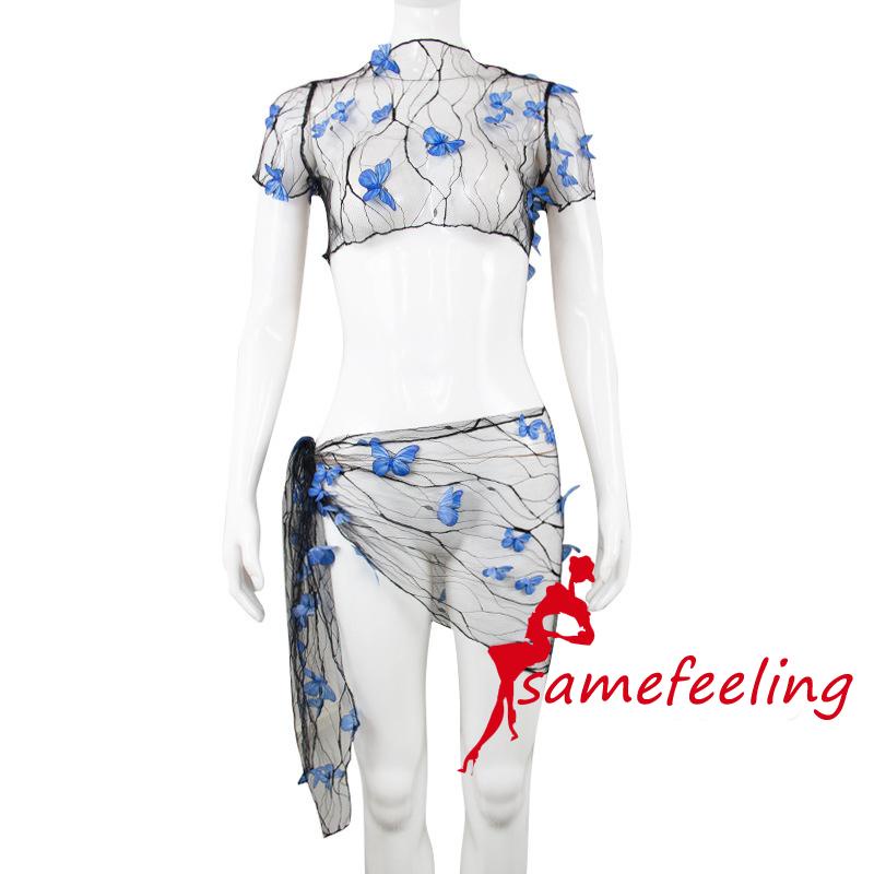 Bikini Bộ Đồ Bơi Áo Croptop Tay Ngắn Phối Chân Váy Lưới Mỏng Ba Chiều Trang Trí Hình Bướm Buộc Dây