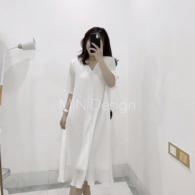 Đầm suông ngắn tay thiết kế cổ V sang chảnh, chất liệu chiffon dày dặn thoáng mát không nhăn V10 - MIN Design